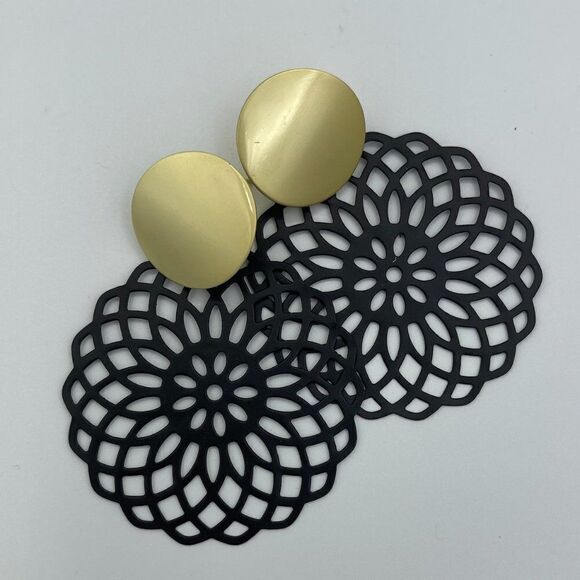 New earring, geometric, statement, matt finished metal, on trend, black gold - Picture 2 of 16
